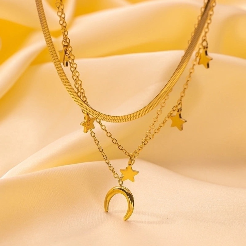 18K Gold Moon & Stars Celestial Bohemian Vintage Style Layered Necklace No Fade - Picture 5 of 14